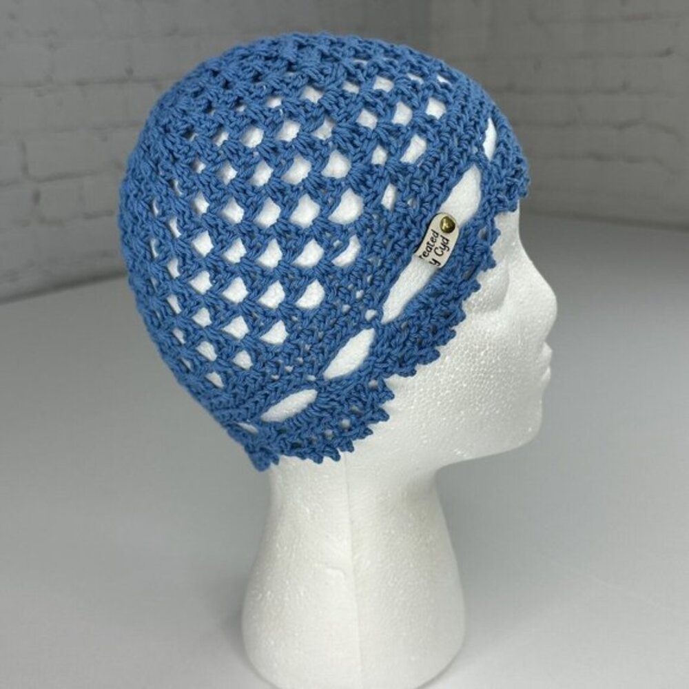 Created by Cyd Blue Crochet Juliet Cap‎ Beanie Open Weave Scalloped Handmade NEW